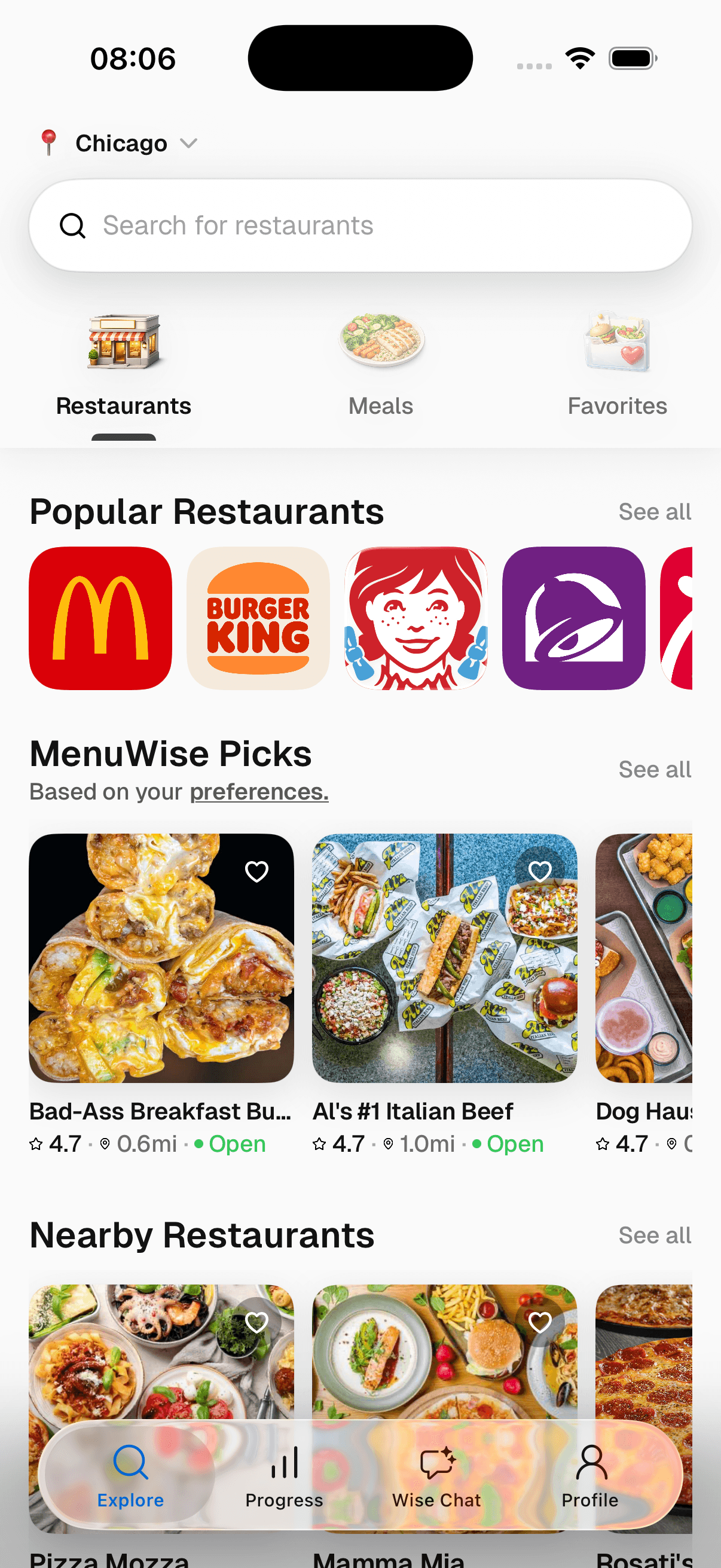 MenuWise iPhone app explore screen showing nearby restaurants and major chains ranked for your diet