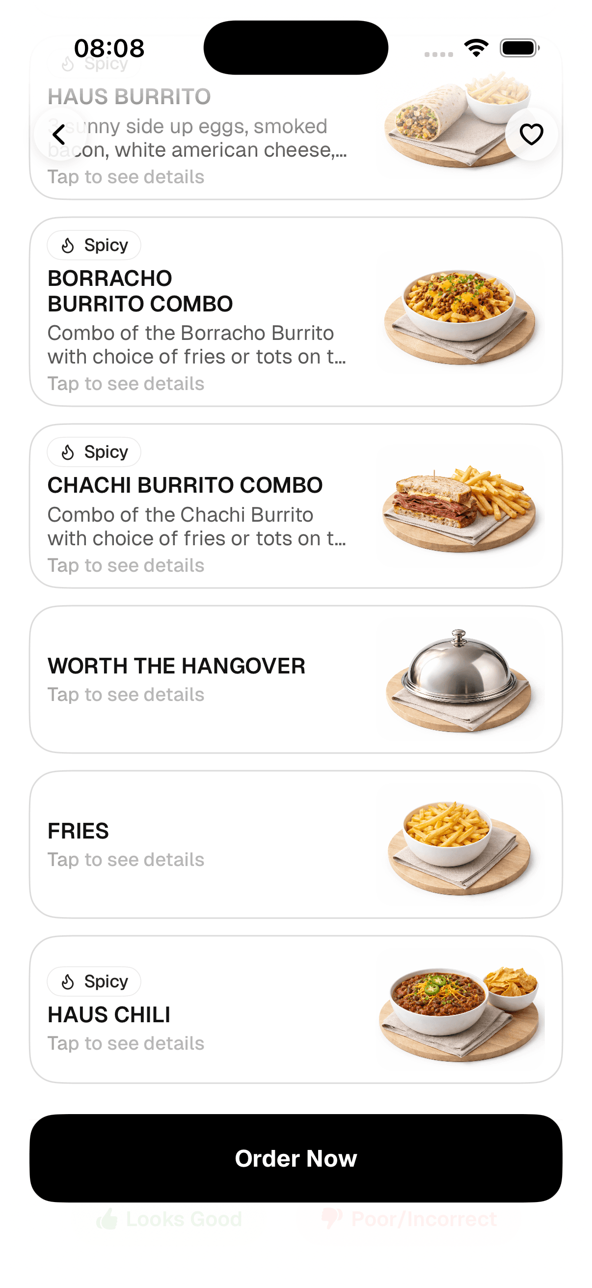 MenuWise iPhone app menu screen scoring each dish against your goals and diet