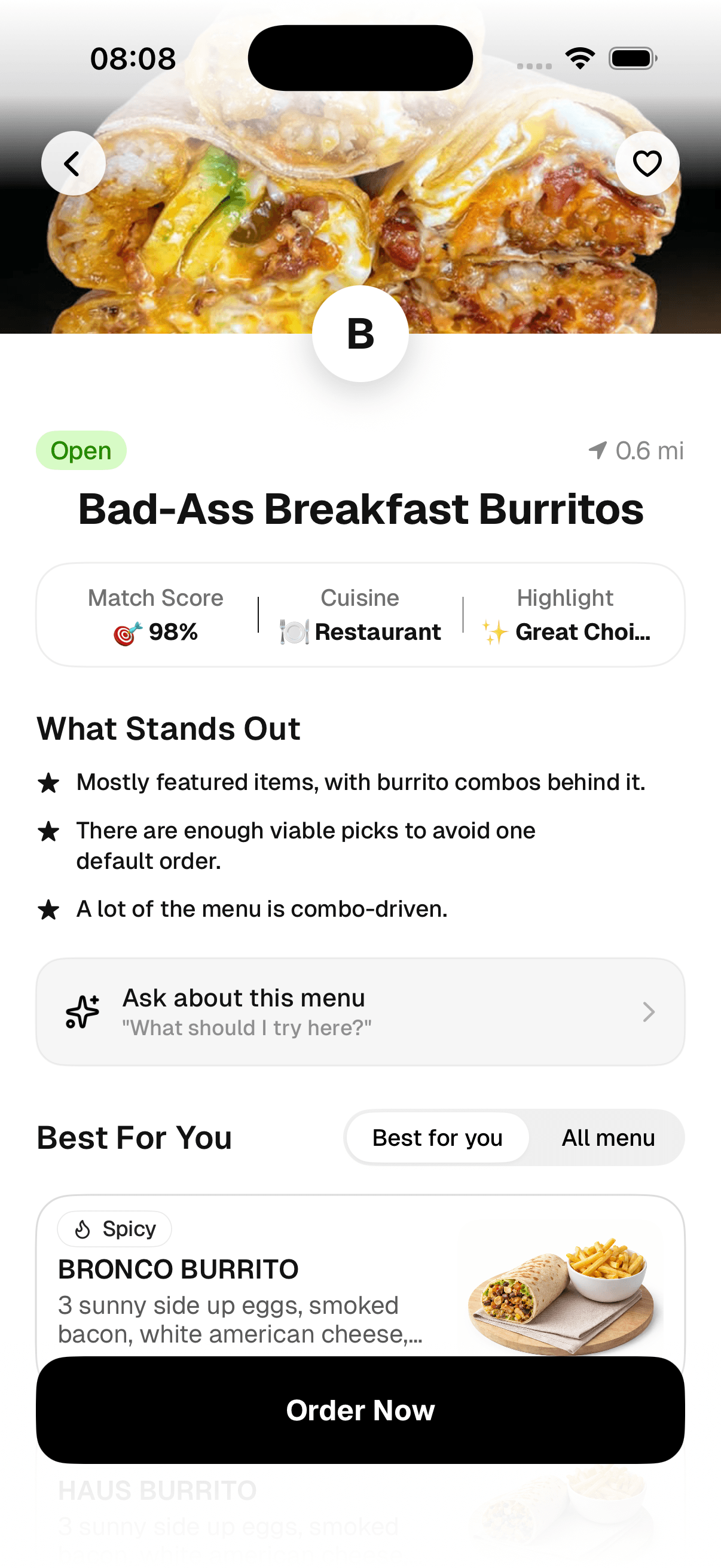 MenuWise iPhone app restaurant screen showing a 98% match score and what stands out on the menu