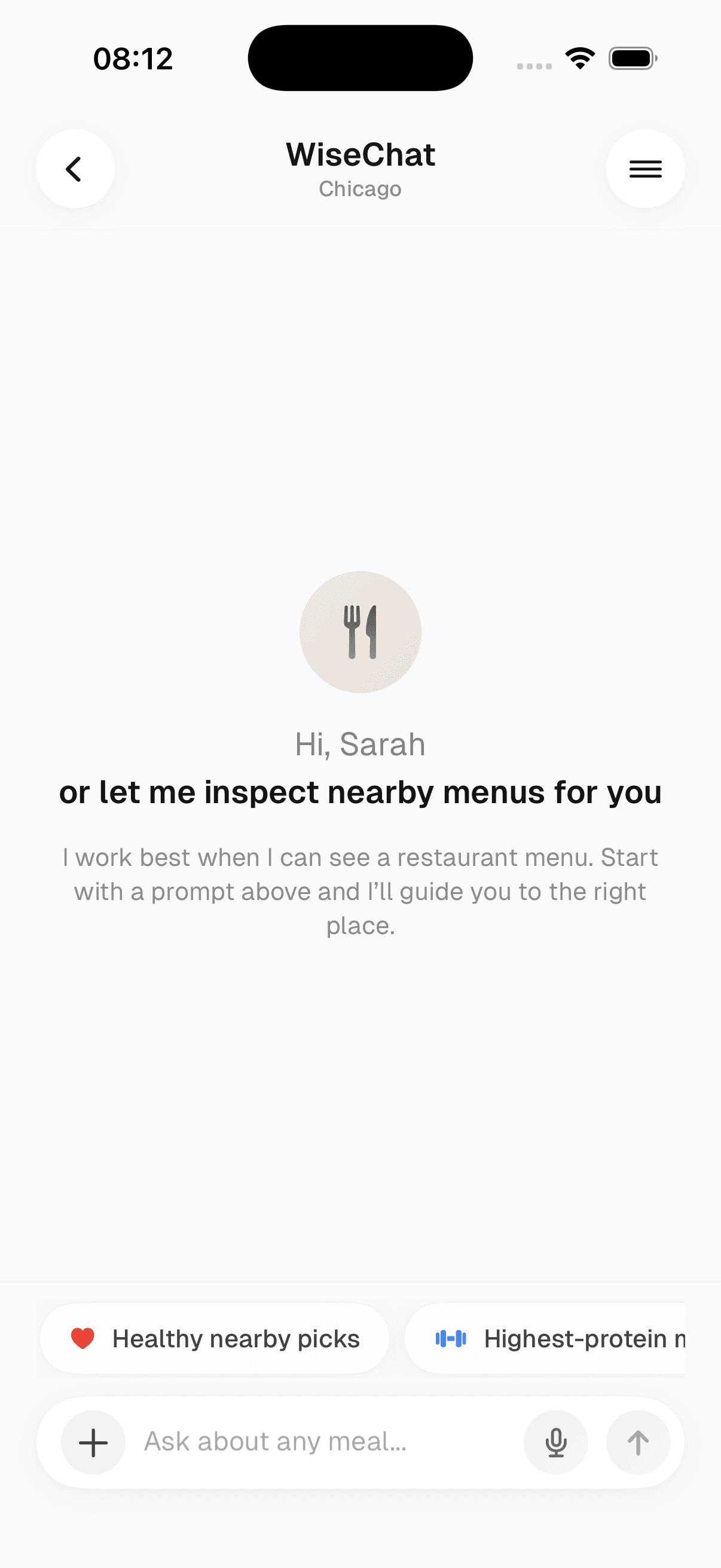 MenuWise iPhone app WiseChat assistant suggesting healthy, high-protein picks nearby